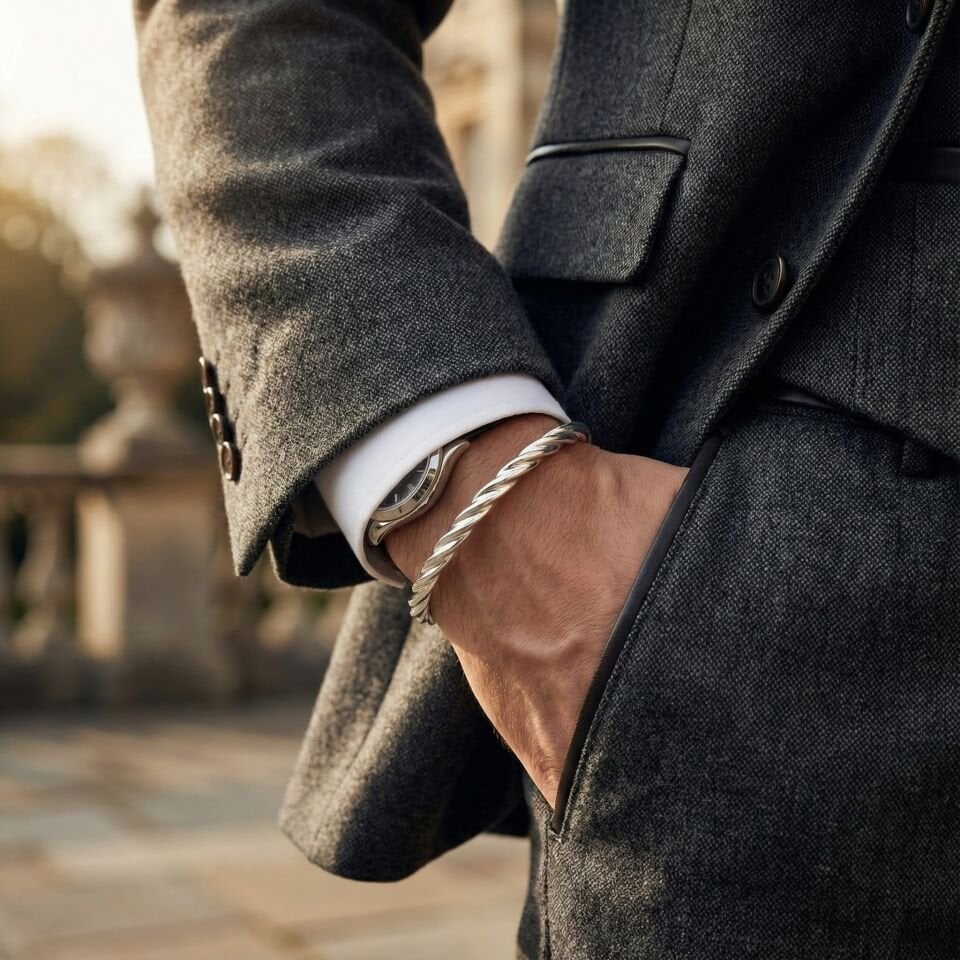 GÜMÜŞ İNCE SPİRAL CİLALI ERKEK KELEPÇE